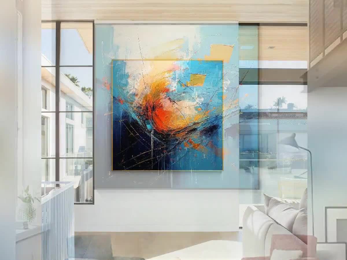 テクスチャのある抽象的なパレットナイフの絵画：青、黒、黄色 - Etsy 日本